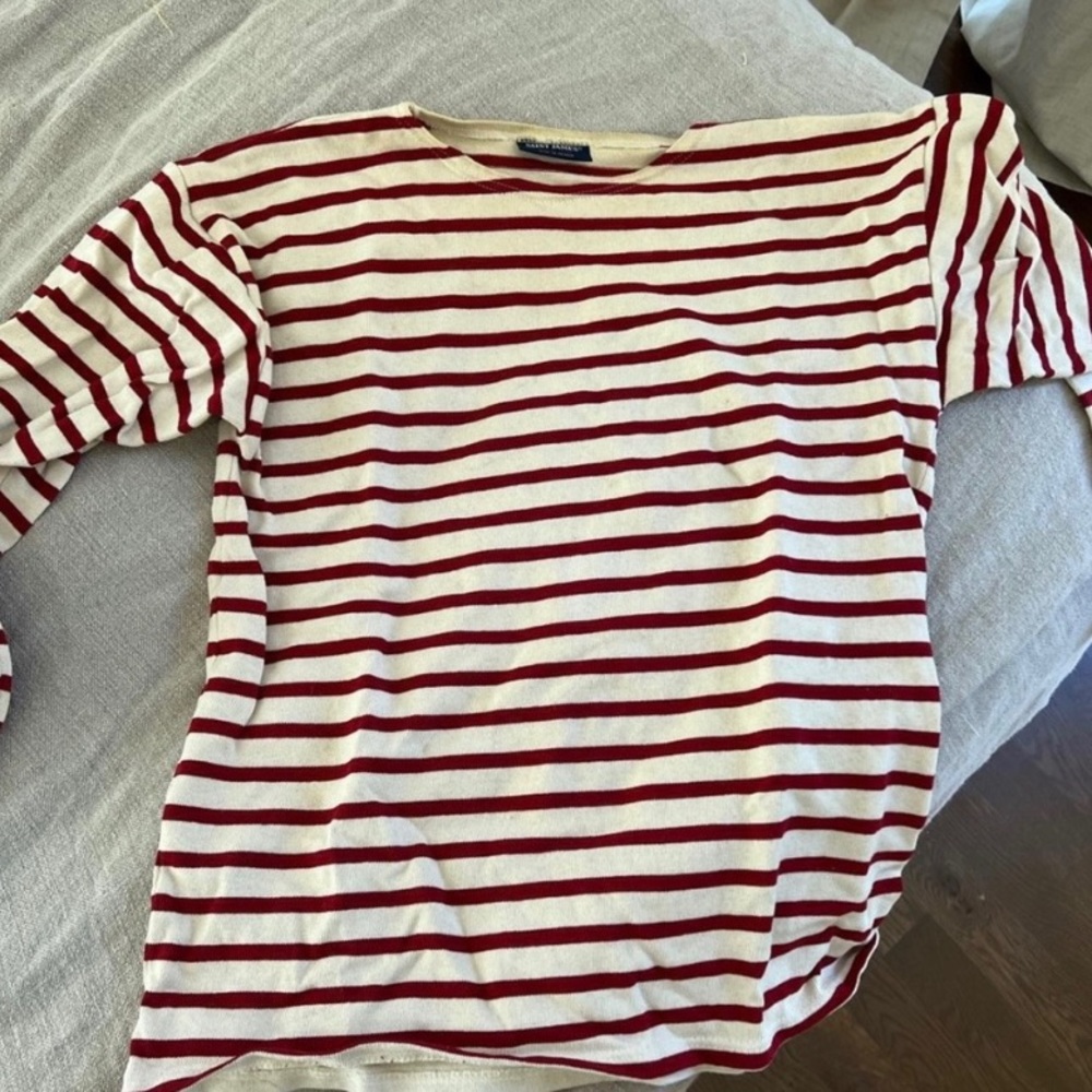 Burgundy and white Breton stripe long sleeve, heavy cotton shirt